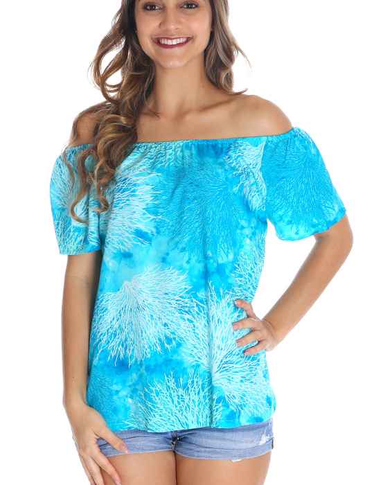 Off-Shoulder Hawaiian Peasant Blouse Island Reef, Size Small-Plus